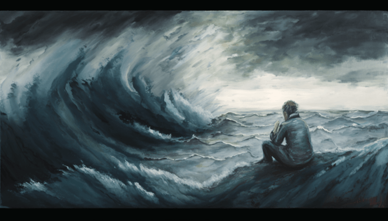 A person suffering from overwhelm sat next to the water with a big wave about to engulf them oil painting