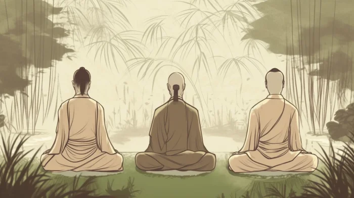 Types of Meditation: A Beginner's Guide to Meditation for the Busy Mind 4 stevember 3 meditators sitting in a row in a Zen garden in the fdc3168a d436 4180 b87f f7da0daeaa77
