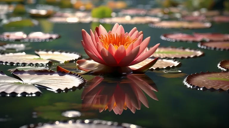 a beautiful red lotus flower opening on a pond