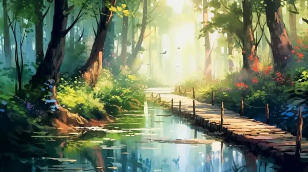 Peaceful river with wooden bridge