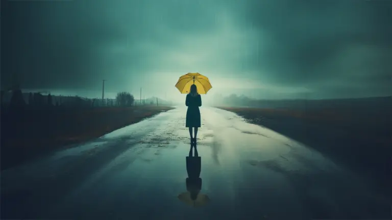 woman standing alone in the rain making a decision dealing with difficult times