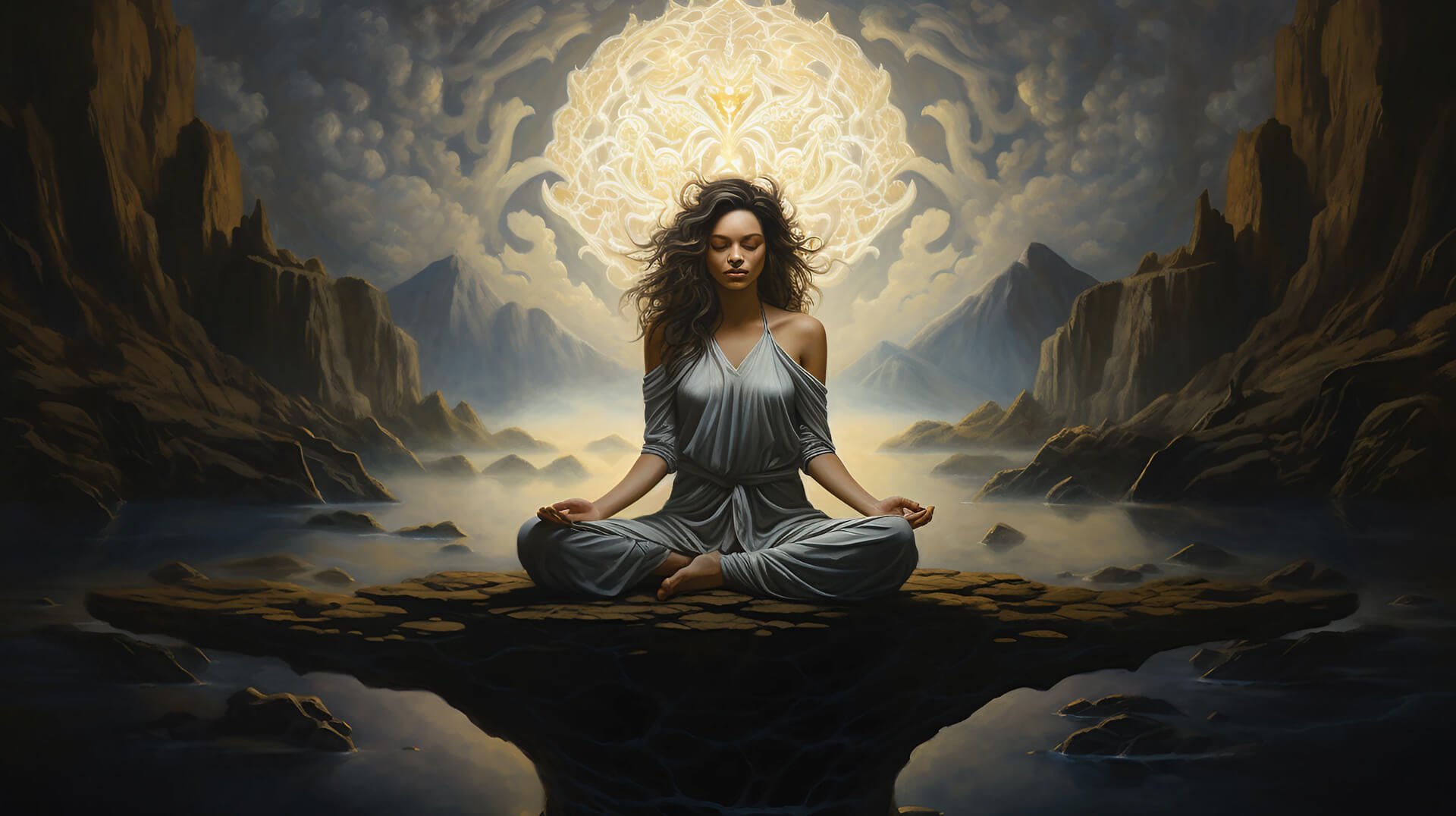 Common Myths About Meditation: An Unexpected Journey 10 Woman meditating in a mystery place demystifying meditation myths