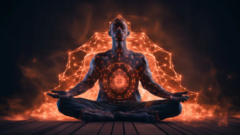 a person with a boosted immune system sat meditating with red glowing orbs all around them