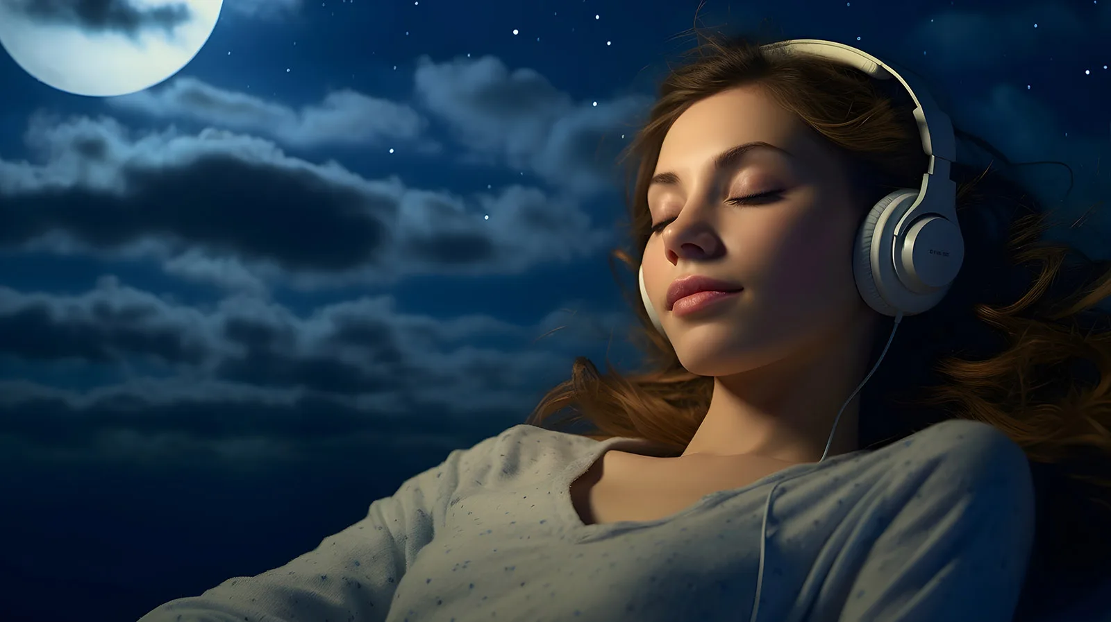 Woman sleeping with headphones sleep affirmations by Steven webb guided meditation