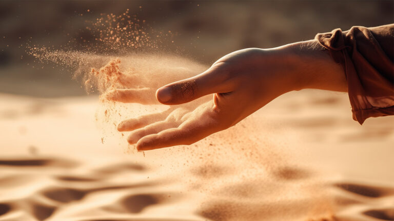 Letting Go the Zen Way – man hand letting go of sand in a hot area of the beachImage