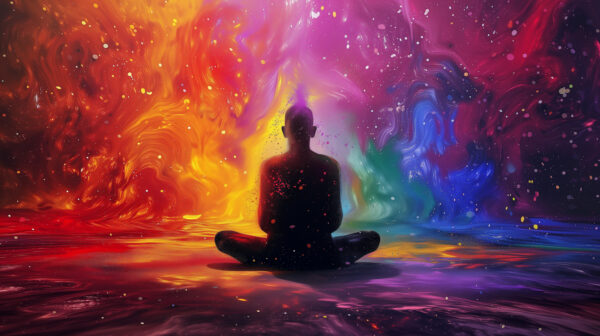 The silhouette man meditating with loads of colours and emotions swirling all around