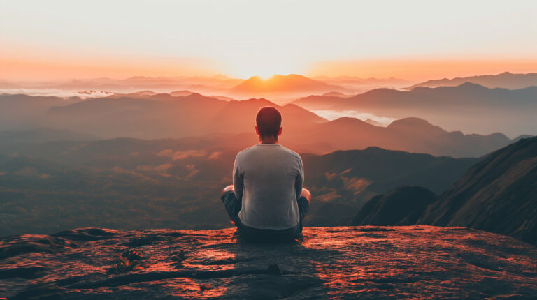 how to find inner peace a man sat on top of a mountain looking at sunrise