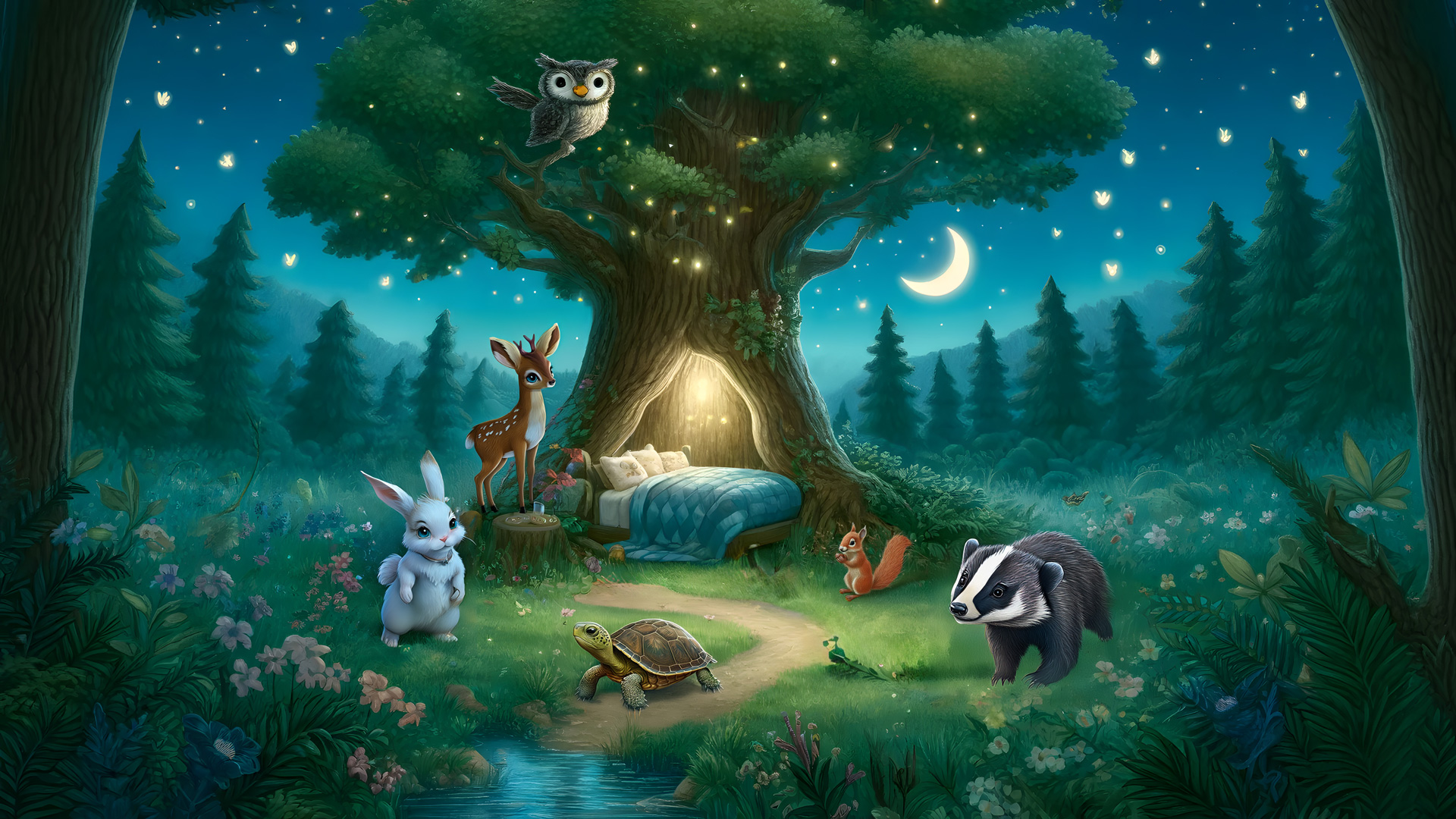 a cartoon of animals under a tree - kids sleep story - child sleep meditation
