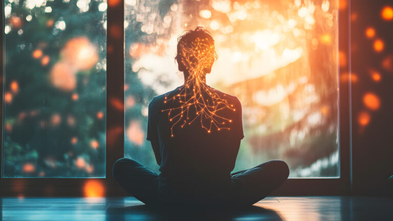 a person sitting in front of a window with glowing lights on their back