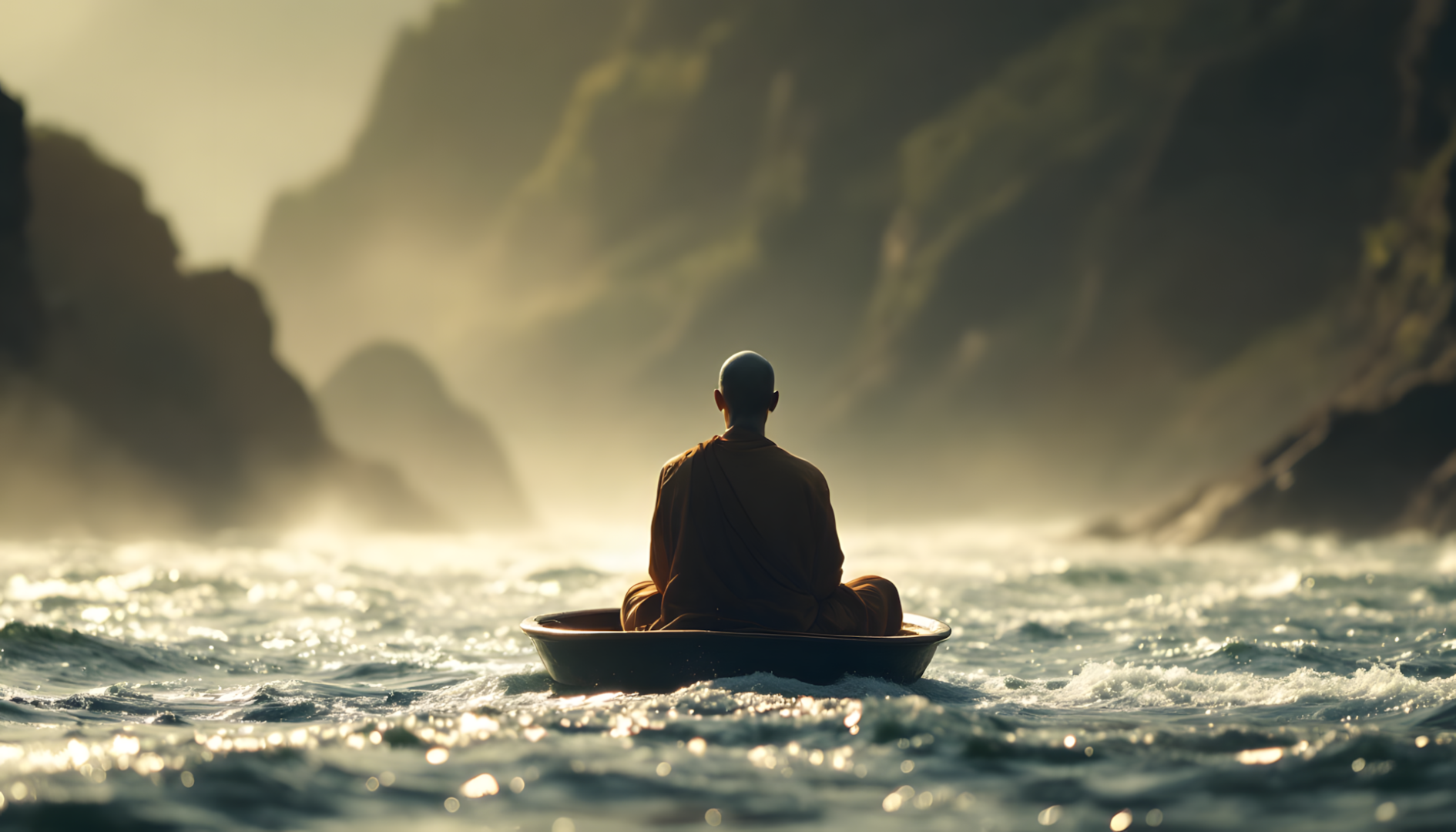 
Zen mindfulness a Zen master peacefully meditates in choppy waters with mountains in the background