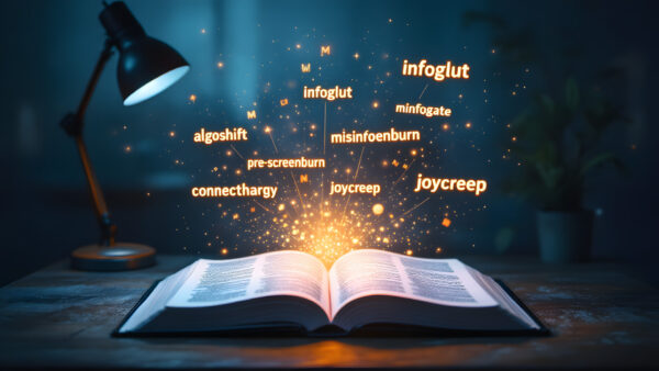 a dictionary with new words flying out Infoglut, algoshift, misinfogate, pe-screenburn, connecthargy, joycreep