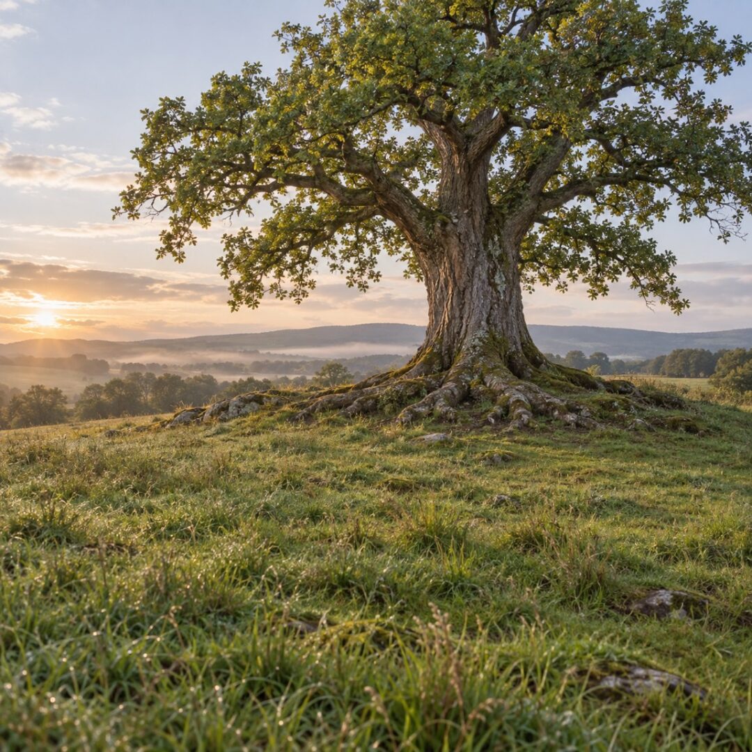 An old oak on a hill at sunrise