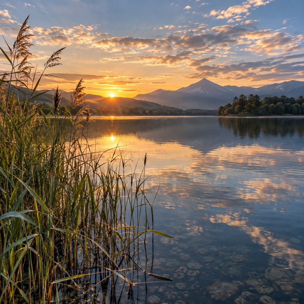A still lake at sunrise, reeds in the foreground