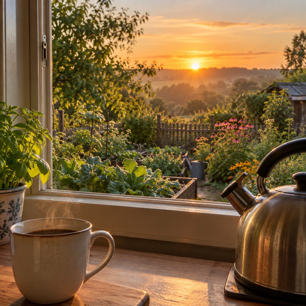 A kettle and a cup by a window at sunrise