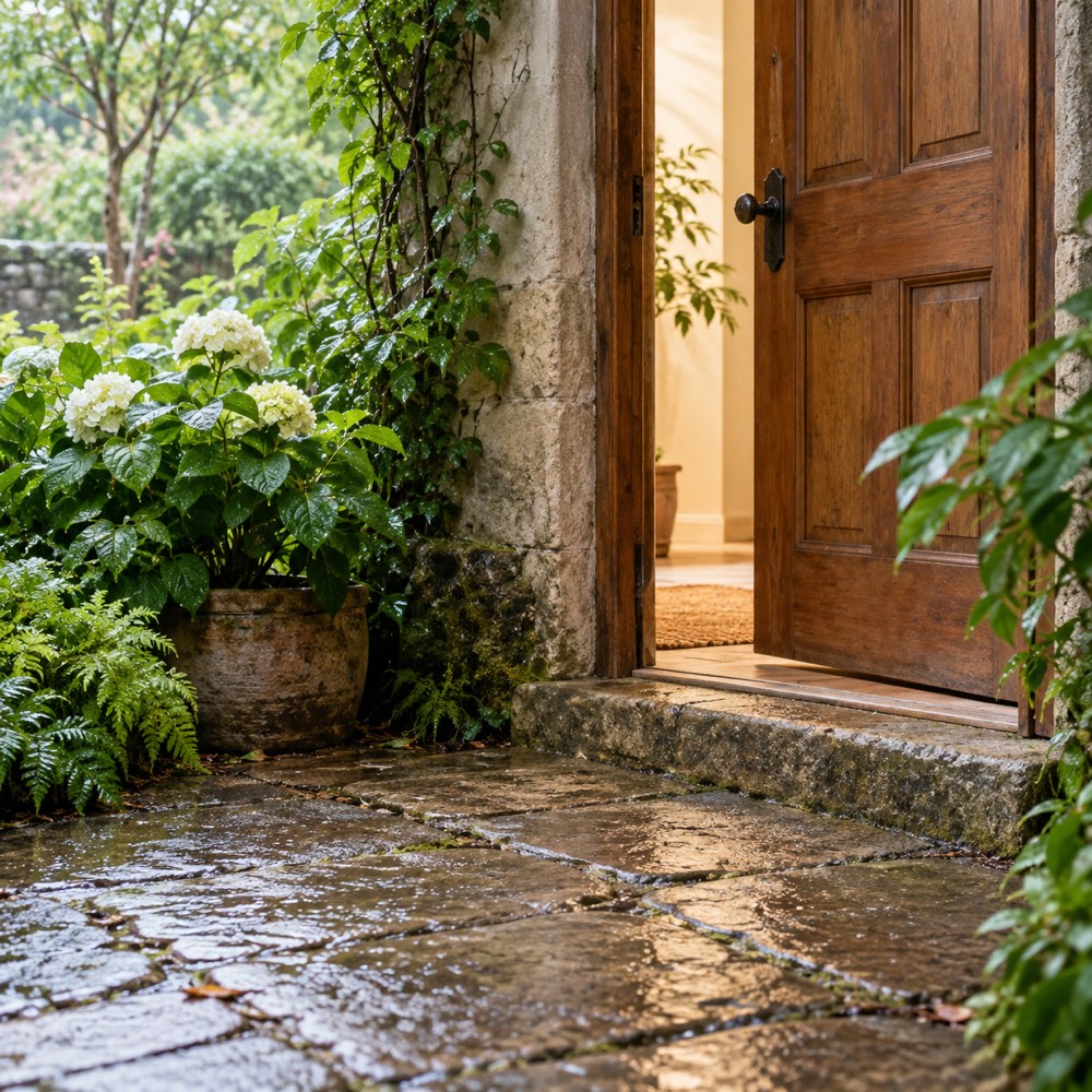 An open wooden door into a garden