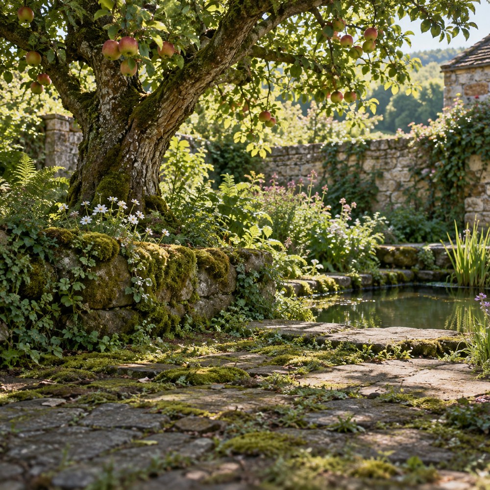 A quiet garden pond under an old tree