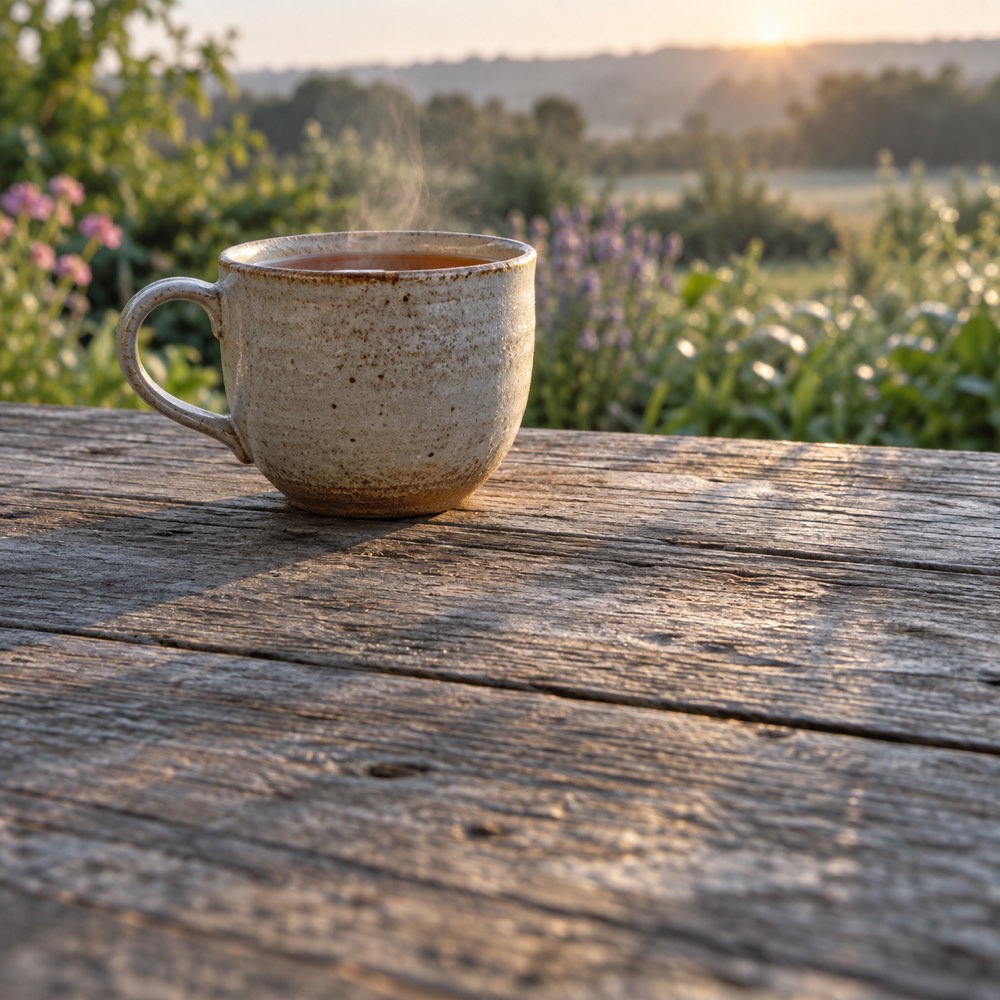 A cup of tea steaming on an old wooden table