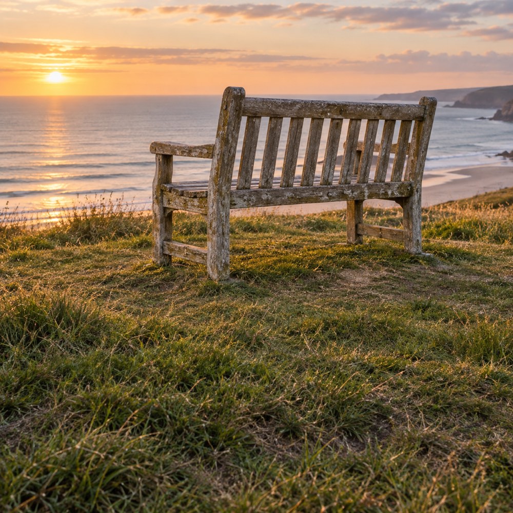 A wooden bench above the sea at sunset