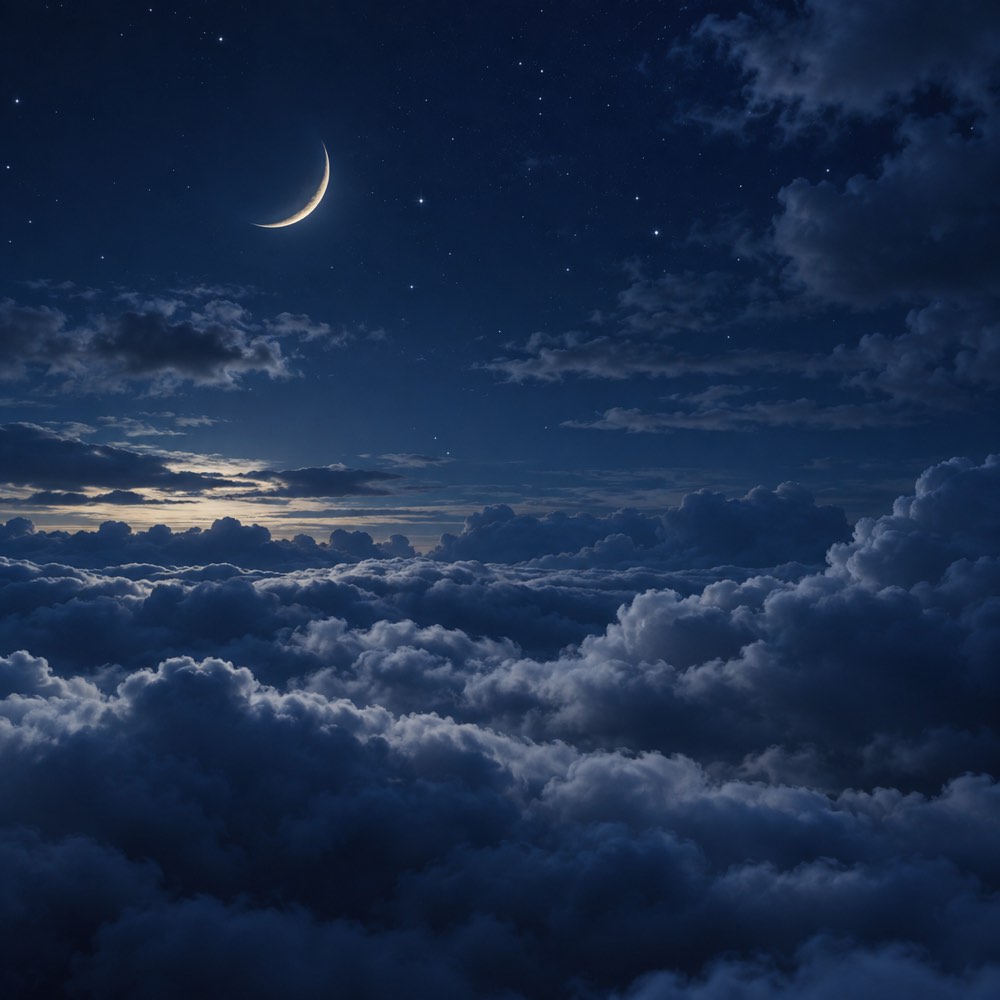 A crescent moon over clouds at night